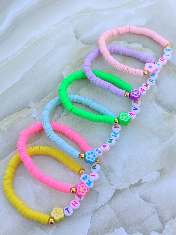 Personalized Kids Name Bracelet, Custom Heishi Bead Bracelet for Girls, Colorful Letter Bracelet, Daisy or Butterfly Jewelry