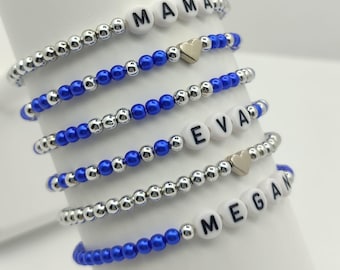 Personalized Bracelet Set of 6 for Mom, Custom Name Beaded Bracelet Stack, Mothers Day Gift, Gold Silver Bead Bracelet, Heart Charm Jewelry