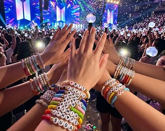Kpop Inspired Friendship Bracelet Set - Purple Galaxy Fan Gift - Colorful Beaded Letter Bracelets - Concert Outfit Accessories - Set of 10