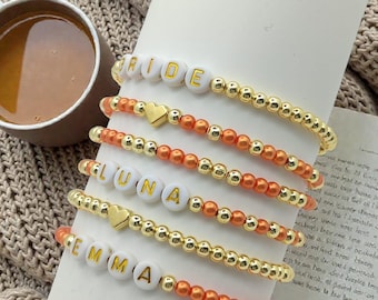 Conjunto de 6 pulseras personalizadas para mamá, pulseras apilables con nombre personalizado, regalo para el Día de la Madre, pulseras de cuentas doradas y plateadas, joyería con dije de corazón.