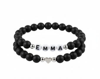 Personalized Black Onyx Bracelet for Mom, Custom Name Natural Stone Bracelet, Mothers Day Gift with Gift Box, Matte Black Beaded Bracelet