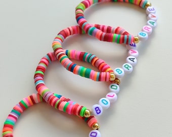 Kids Personalized Heishi Name Accessories, Colorful Custom Letter Pieces, Elastic Handmade Designs, Bulk Available