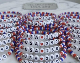 Pulsera del 250 aniversario de EE. UU., regalo del 250 aniversario de Estados Unidos, pulsera de cuentas rojas, blancas y azules, joyería patriótica del 4 de julio, EE. UU. 250