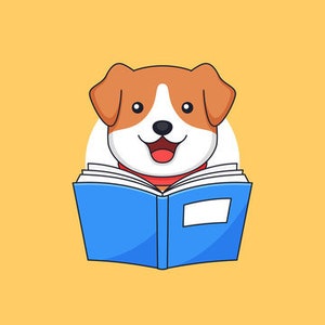 May include: A cartoon illustration of a brown and white dog with a red collar reading a blue book. The dog is smiling and has a white background.