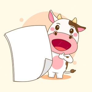 May include: A cartoon cow holding a blank white sign. The cow is white with brown spots and has a pink nose and mouth. The cow is smiling and has its tongue sticking out.
