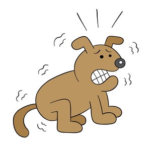 Könnte beinhalten: Eine Cartoon-Illustration eines braunen Hundes mit einem ängstlichen Gesichtsausdruck. Der Hund hat den Mund offen und die Augen weit aufgerissen. Der Hund zittert und sieht besorgt aus.