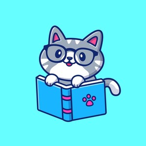 May include: A cartoon illustration of a gray and white cat wearing glasses and reading a blue book with a pink paw print on the cover.