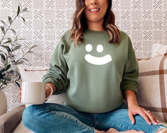Smiley-tröja, smiley face-rundkrage, glad luvtröja, positiv tröja, professionellt tryckt rundkrage, retro leende ansikte, söt tröja