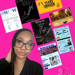Könnte beinhalten: Eine Frau mit Brille und schwarzem Oberteil ist von Werbematerialien umgeben. Dazu gehören Buchcover, Event-Flyer und eine Anzeige für eine Massage-Boutique. Der Hintergrund ist hellrosa, mit dem Markennamen "LydiLu Brand" und dem Slogan "Bringing your ideas to life."