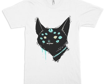 May include: A white t-shirt with a black cat illustration. The cat has multiple blue eyes and a dripping, black liquid coming from its mouth.