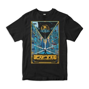 May include: Black t-shirt featuring a graphic print of a futuristic city scene from the film "The Fifth Element". The graphic is in a yellow and blue colour scheme and includes a flying saucer.