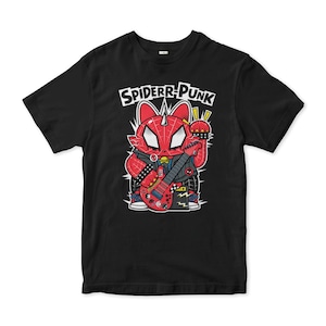 May include: Black t-shirt featuring a red and black cartoon cat playing a guitar. The cat has a spider-man mask and the text "SPIDERR-PUNK" is above the cat.