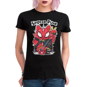 May include: Black t-shirt featuring a red and black cartoon cat wearing a studded leather jacket and playing a guitar. The text "SPIDERR-PUNK" is above the cat.