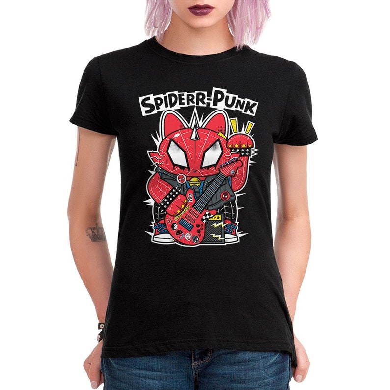 May include: Black t-shirt featuring a red and black cartoon cat wearing a studded leather jacket and playing a guitar. The text "SPIDERR-PUNK" is above the cat.