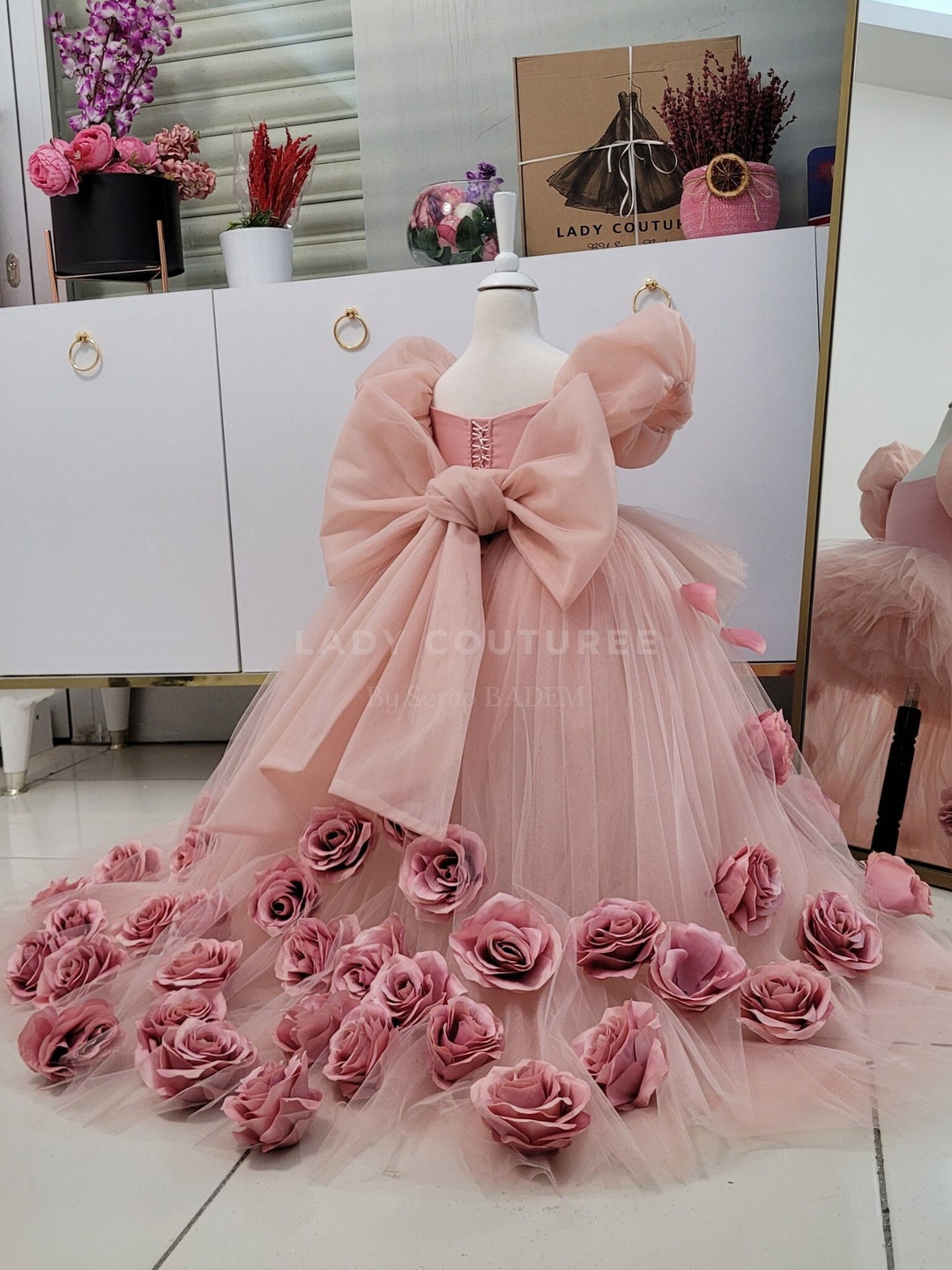 Pink Rose Flower Girl Dress, Puffy Sleeve, Long Train, Wedding - Etsy