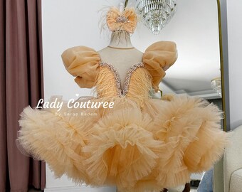 Rose Tulle Flower Girl Dress, Puff Sleeves, Birthday Photoshoot