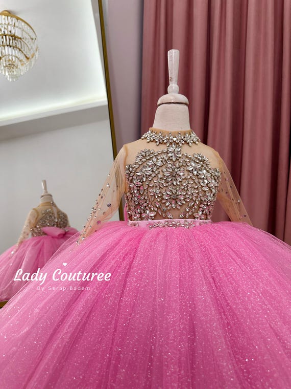 pink glitter princess dress Flower Girl Dress, Rhinestone Crystal Dress, Sparkly Tulle Birthday Dress, Pageant Gown, Wedding Guest Dress, Birthday beautiful pink princess dress
