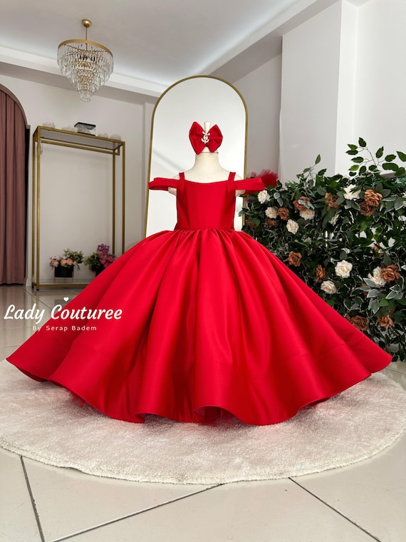 Red Satin Flower Girl Dress: Long Train, Bow Hair Clip - Etsy