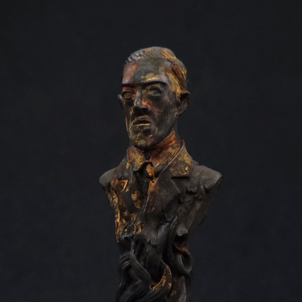 H.P. Lovecraft Mini buste Rusty Iron. figurine de collection faite à la main. Idole de collection Miskatonic. Mythe de Cthulhu. Nécronomicon. Article d'origine