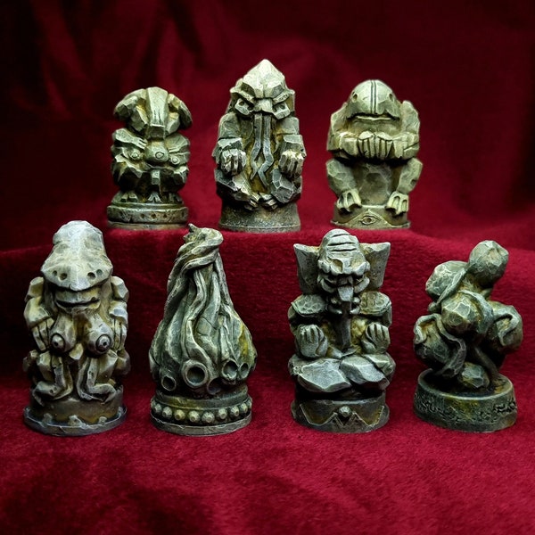 Great Old Ones totem set, Green stone. H.P. Lovecraft handmade collectible figures. Statuette Collection. Cult of Cthulhu. Elder Sign