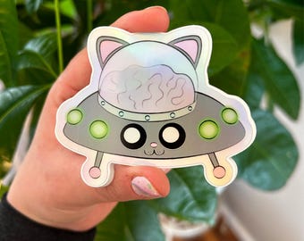 Space Cat UFO Sticker: Holographic Vinyl Die Cut, Weatherproof