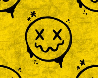 Pacote de Papéis Digitais com Carinhas Sorridentes em Estilo Grunge – 6 Estampas Sem Emenda Desenhadas à Mão de 30x30cm – Texturas Neon e Rabiscos