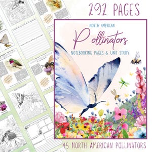 May include: A notebook titled "North American Pollinators" with a watercolor butterfly illustration. The cover features a blue and white butterfly over a field of colorful flowers. The notebook has 292 pages and includes 45 North American pollinators.