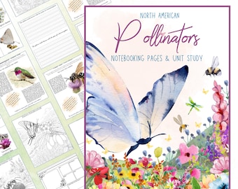 Unit Study US Pollinators: Homeschool Science Nature Journal Study, kleurplaten, flashcards en kopieën vlinders, bijen, insecten