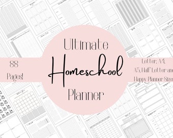 88 Page Minimalist Homeschool Planner Printable PDF, Black and White, Homeschool Teacher, Lesson Planner, School Home School Lesson Plan