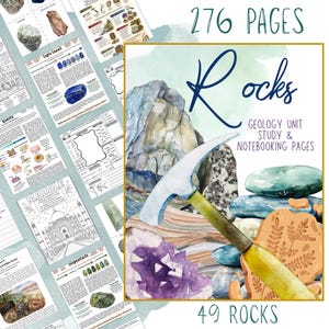 Può includere: Un set di pagine di studio e quaderno di geologia. La copertina presenta un'illustrazione ad acquerello di rocce, un piccone e cristalli. Il testo sulla copertina recita "Rocks" e "276 Pages". Il set include 49 tipi di rocce.