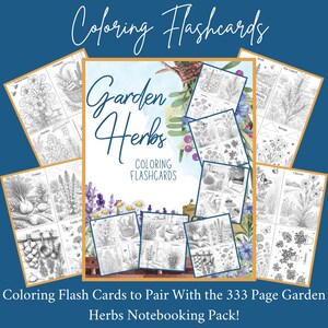 May include: A set of colouring flashcards showcasing garden herbs. The central card reads "Garden Herbs Coloring Flashcards." Surrounding cards display detailed line drawings of various herbs, with text labels. The text at the bottom reads "Coloring Flash Cards to Pair With the 333 Page Garden Herbs Notebooking Pack!"