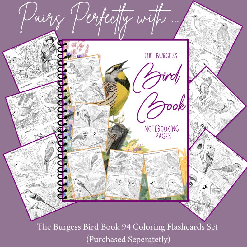 Pu&ograve; includere: Set di 94 schede da colorare The Burgess Bird Book. Il set include un quaderno a spirale con il titolo "The Burgess Bird Book" e diverse schede individuali con illustrazioni dettagliate di uccelli. Lo sfondo &egrave; viola chiaro.