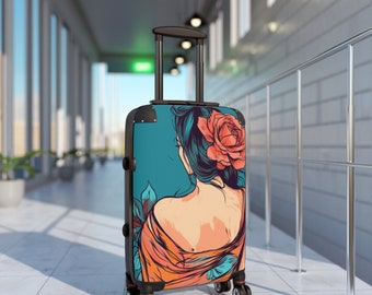 Valigia a mano, valigia con rotelle per donna, bella donna con valigia con rotelle a forma di fiore, bagaglio da viaggio femminile,