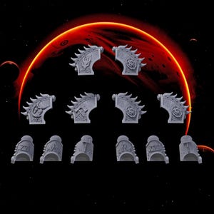 May include: A collection of gray, stylized miniature armor pieces, including shoulder pads and helmet components. The pieces feature intricate designs and are set against a backdrop of a red planet and a dark, starry sky.