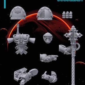 May include: A collection of gray plastic miniature parts, including shoulder pads, a helmet, a torso, arms, and a mace. The parts are arranged against a dark background with a red planet graphic. The text "GOOSELADY" is visible.
