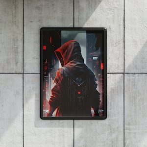 May include: A framed illustration of a person wearing a red hooded cloak and standing in front of a futuristic cityscape.