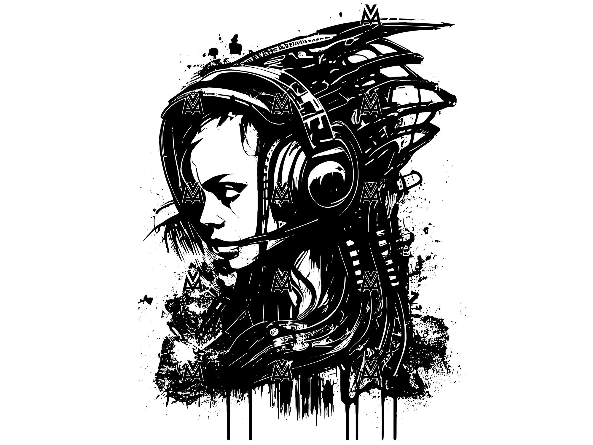 Cyberpunk DJ Girl Graffiti Style Vector Svg Art Black Monochrome