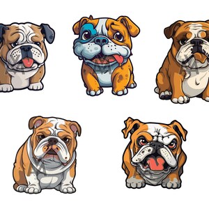 Bulldogs ingleses, estilo de dibujos animados, SVG, PNG, vector, lindos perros adorables, mascotas, paquete de diseño