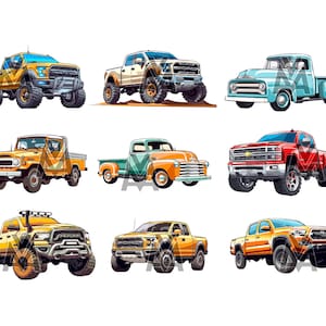 Trucks 9 Vector SVG Files Cartoon style Vehicles Automobiles Graphic Clipart Print On Demand DTG Scalable Super Design Bundle