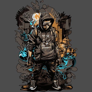 Puede incluir: Una ilustración digital de una persona que lleva una sudadera con capucha negra, gafas de sol y pantalones negros. La persona está de pie frente a un fondo de formas y líneas abstractas en tonos de gris, naranja y azul.