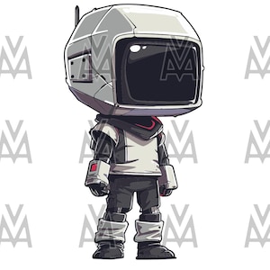 May include: A cartoon illustration of a robot with a large, white, rectangular head with a black screen. The robot is wearing a white shirt, black pants, and white boots. The robot has a red stripe on its head and a red light on its arm.