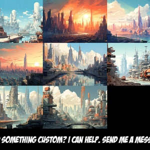 May include: A digital illustration of a futuristic city with tall buildings, a river, and a sunset sky. The city is made up of a variety of architectural styles, including skyscrapers, towers, and bridges. The sky is a vibrant orange and pink, with clouds scattered across the horizon.