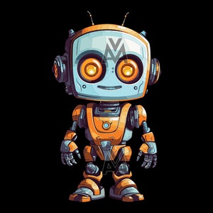 May include: A cartoon robot with a blue head and orange body. The robot has large, yellow eyes and a small, friendly smile. The robot is standing with its arms at its sides.