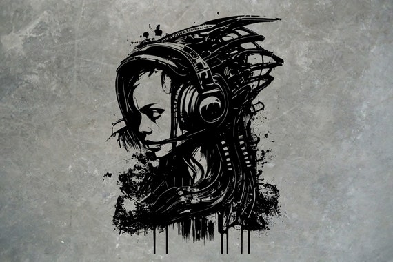 Cyberpunk DJ Girl Graffiti Style Vector Svg Art Black Monochrome