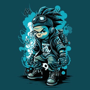 Könnte beinhalten: Eine Cartoon-Illustration eines jungen Menschen, der eine schwarze Lederjacke, eine Schutzbrille und Kopfhörer trägt. Die Person steht vor einem blauen und weißen abstrakten Hintergrund.