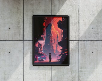 May include: A framed digital art print depicting a futuristic cityscape with a lone figure standing in the middle of a street. The buildings are tall and slender, with a red and orange color scheme. The figure is wearing a dark jacket and pants, and is looking up at the buildings.