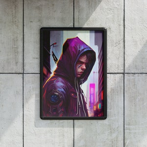 May include: Framed digital art print featuring a person in a hooded jacket, set against a futuristic cityscape. The artwork uses a vibrant color palette of purple, blue, and red, with a focus on the subject's face and attire.