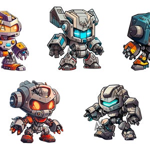 Robots SVG DTG dibujos animados lindo estilo chibi robots gráficos vectoriales escalables
