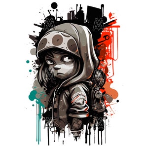 Pode incluir: Uma ilustração digital de uma pessoa jovem vestindo uma jaqueta com capuz com um grande design redondo multicolorido no capuz. O fundo é um respingo de tinta preta, vermelha e azul.