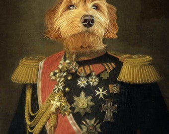 May include: A golden brown dog wearing a dark blue military uniform with gold trim and many medals. The dog is looking up and has a serious expression.